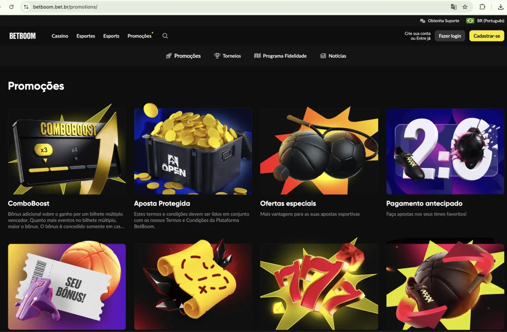 Página de bônus no site da Betboom